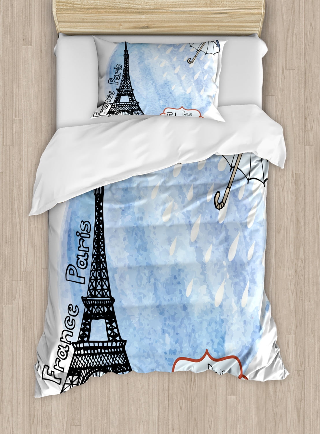 Twin Size Blue Eiffel Tower Microfiber Duvet Cover Set