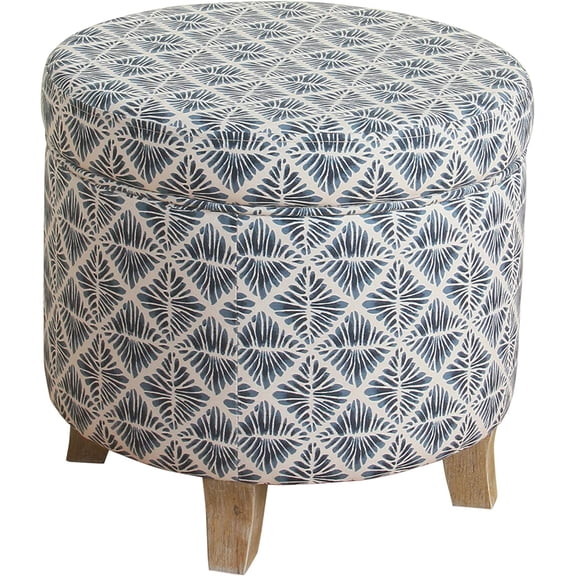 Home Decor | Upholstered Round Storage Ottoman with for Living Room & Bedroom Flared Legs, Navy Blue Geometric Pattern Large