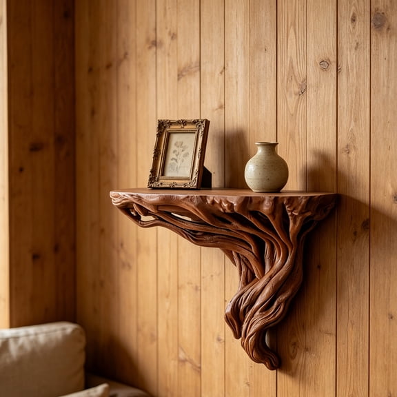 Home Decor Wall Mount Floating Shelf Rustic Natural Root Driftwood Display Bracket Hand-Carved Decorative Wooden Wall Rack for Succulent Candle Photo Collectible Living Room Bedroom Farmhouse