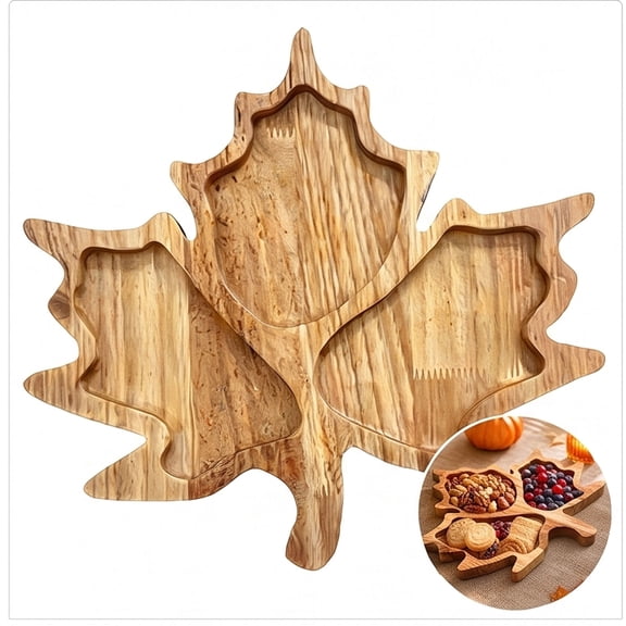 Home Decor Wooden Serving Tray 3 Compartment, Maple Leaf Shape Solid Wood Snack Board for Jewelry Organization, Rustic Farmhouse Desk Coffee Table Accessory (11.2 Inch)
