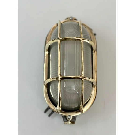 Home Decoration Antique Aluminum Metal Oval Bulkhead Ceiling Wall Light Fixture with Brass Cage and White Globe