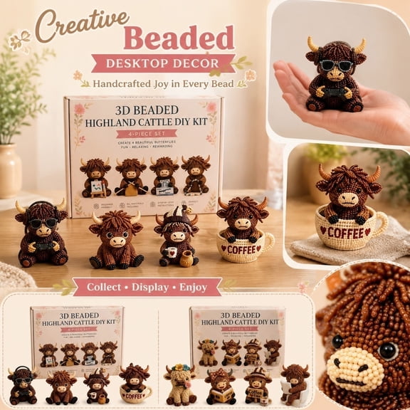 Home Decoration Diy Set, Highland Cow Gifts, Bead Animal Making Kit, Figurines Home Decor, 8X5 Inch All-Materials-Included 3D Beading Kit to Make Custom Handcrafted Mini Highland