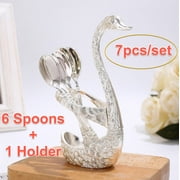 Home Decoration Swan Spoon Creative European-style High-end Stainless Steel Coffee Spoon Light Luxury Salad Coffee/Dessert Spoon Cutlery Flatware Modern Decoration Set with Holder 7 PCS/Set Silver