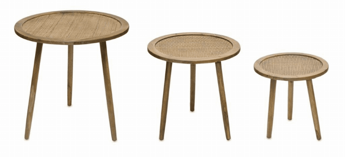 Set of 3 Natural Wood and Rattan Accent Tables