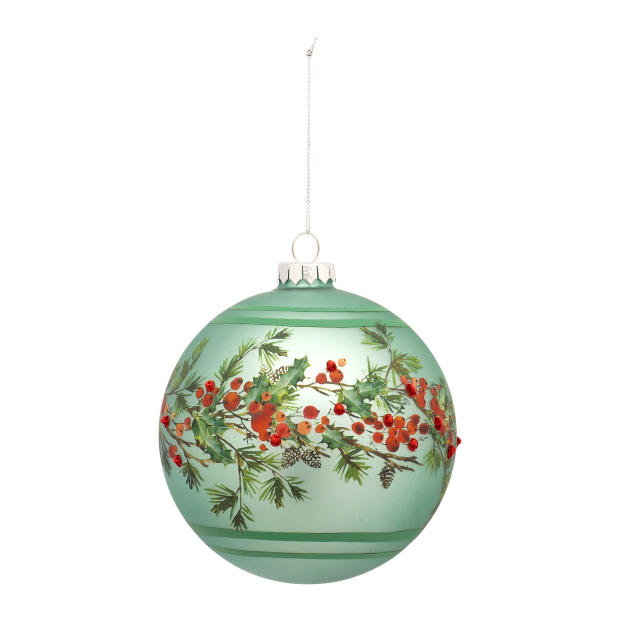 Set of 6 Green Glass Pine and Berry Ball Ornaments