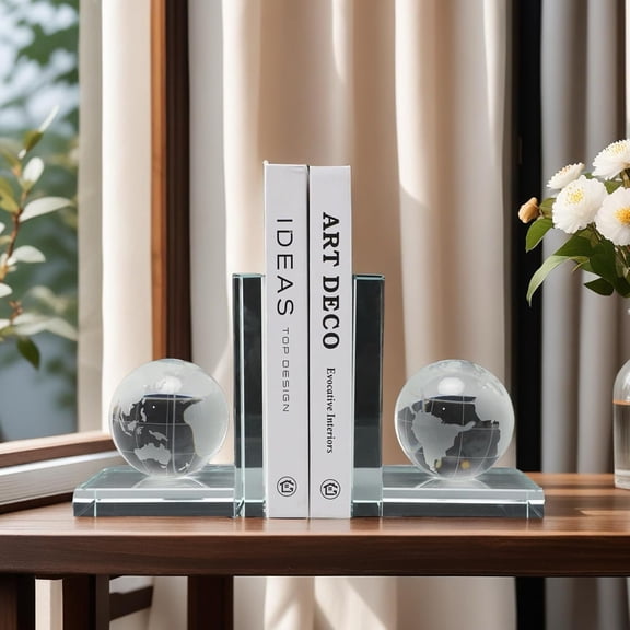 Home Decorative Earth Crystal Bookends for Heavy Book Elegant Glass Bookshelf Room Office Desk Decor,Paper Weights, Book Ends,Bookend Supports, Book Stoppers, Set of 2