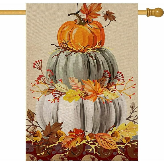 Home Decorative Fall Pumpkin Patch Large House Flag, Maple Leaf Garden Yard Outside White Pumpkin Welcome Decor, Thanksgiving Outdoor Autumn Harvest Farmhouse Decorations Double Sided 28 x 40