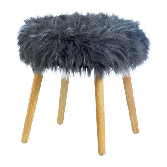 Home Decorative Faux Fur Stool With Wood Legs - Gray
