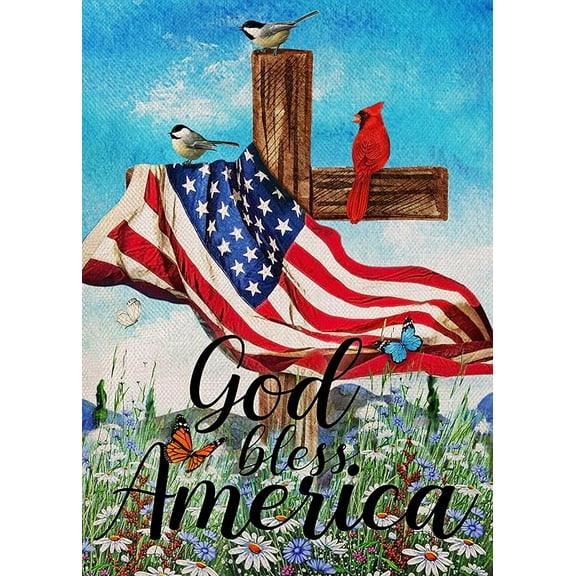 Home Decorative God Bless America 4th of July Patriotic Small Garden Flag, Religious American USA Memorial Day Yard Cross Cardinal Bird Outdoor Decor, Spring Summer Outside Decoration 12x18