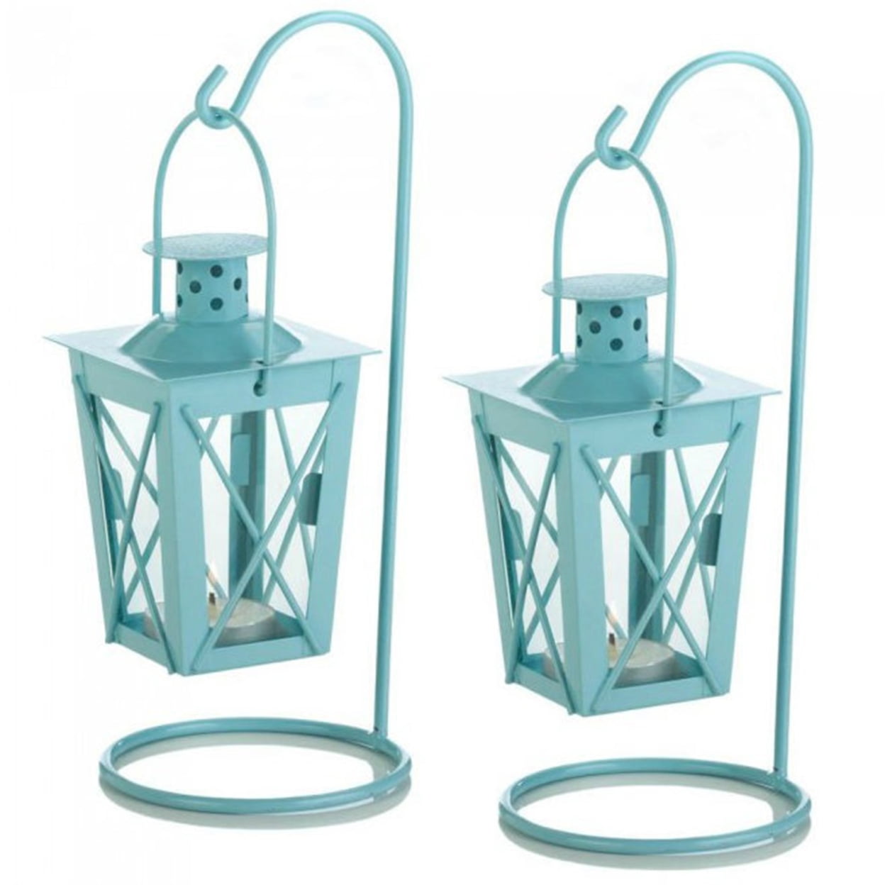 Baby Blue Iron and Glass Hanging Candle Lanterns