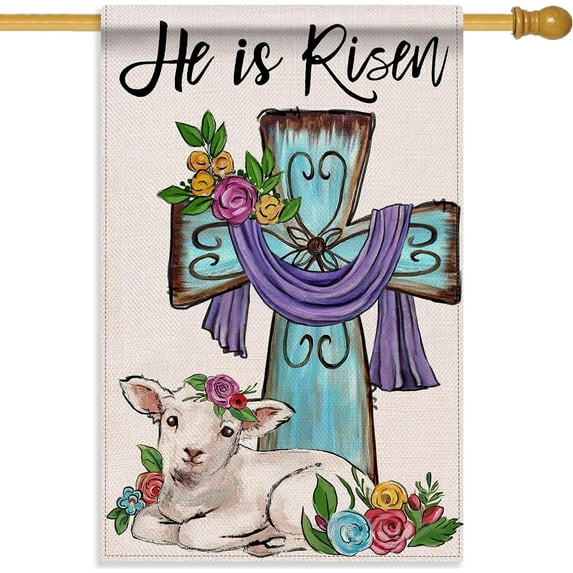 Home Decorative He is Risen Easter Cross House Flag, Lamb Garden Yard Outside Decorations, Outdoor Large Decor Double Sided 28x40