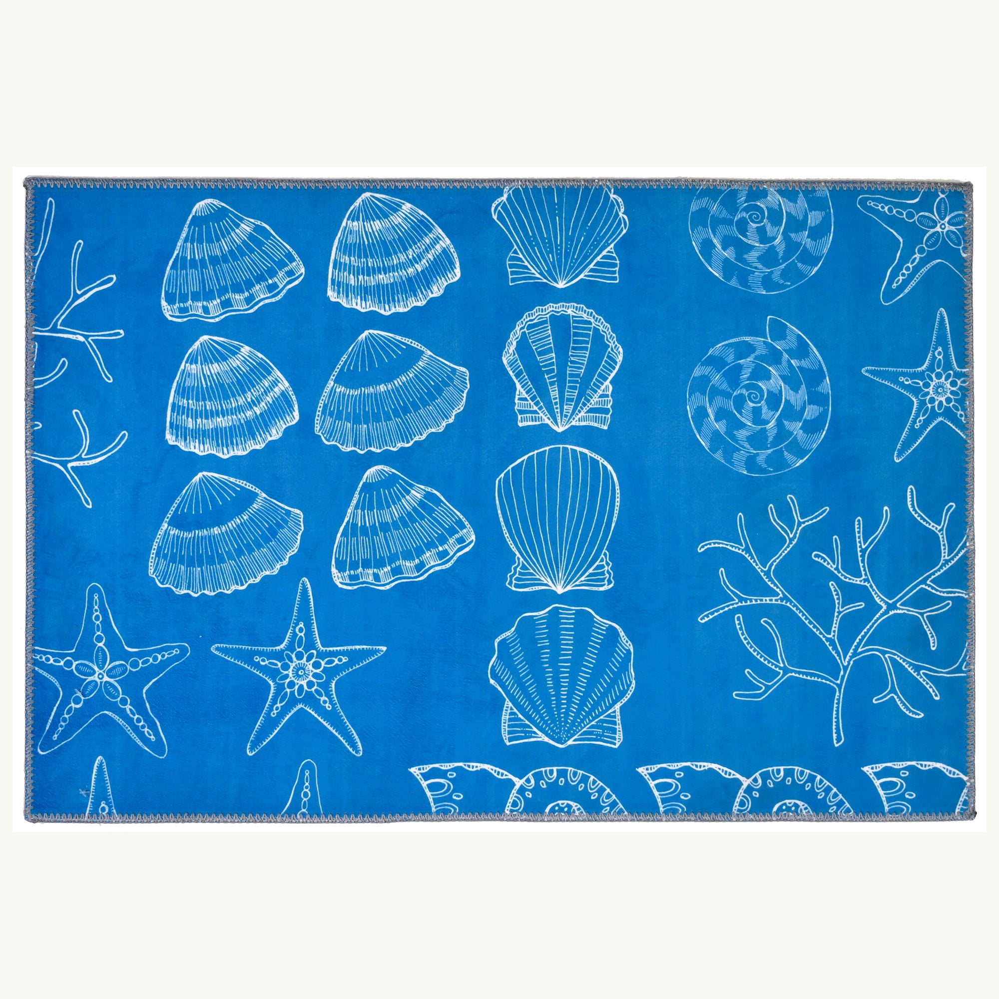 Turquoise Blue and White Seashell Polyester Indoor Rug 20" x 30"