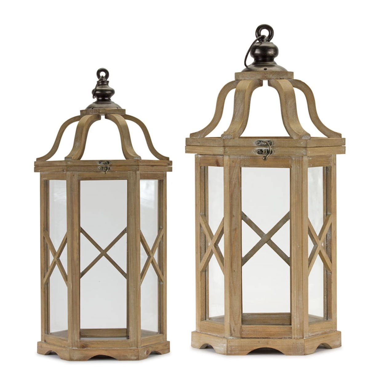 Rustic Natural Wood and Iron Hanging Candle Lantern Set