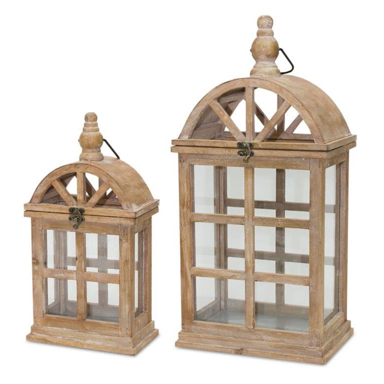 Natural Wood and Glass Tabletop Lantern Set with Arched Lid