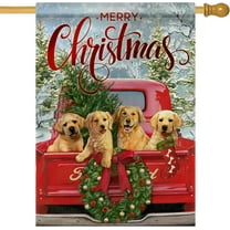 Home Decorative Merry Christmas Dog Red Truck House Flag, Xmas Tree Puppy Pickup Garden Yard Outside Decoration, Winter Outdoor Large Burlap Decor Double Sided 28 x 40