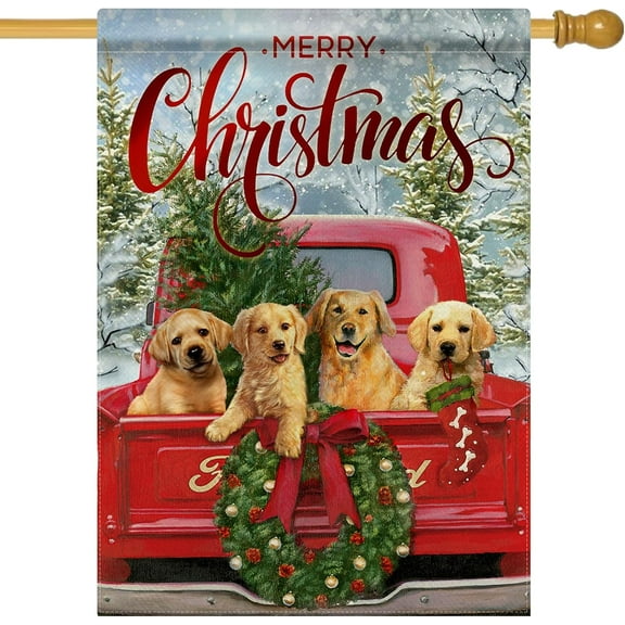 Home Decorative Merry Christmas Dog Red Truck House Flag, Xmas Tree Puppy Pickup Garden Yard Outside Decoration, Winter Outdoor Large Burlap Decor Double Sided 28 x 40