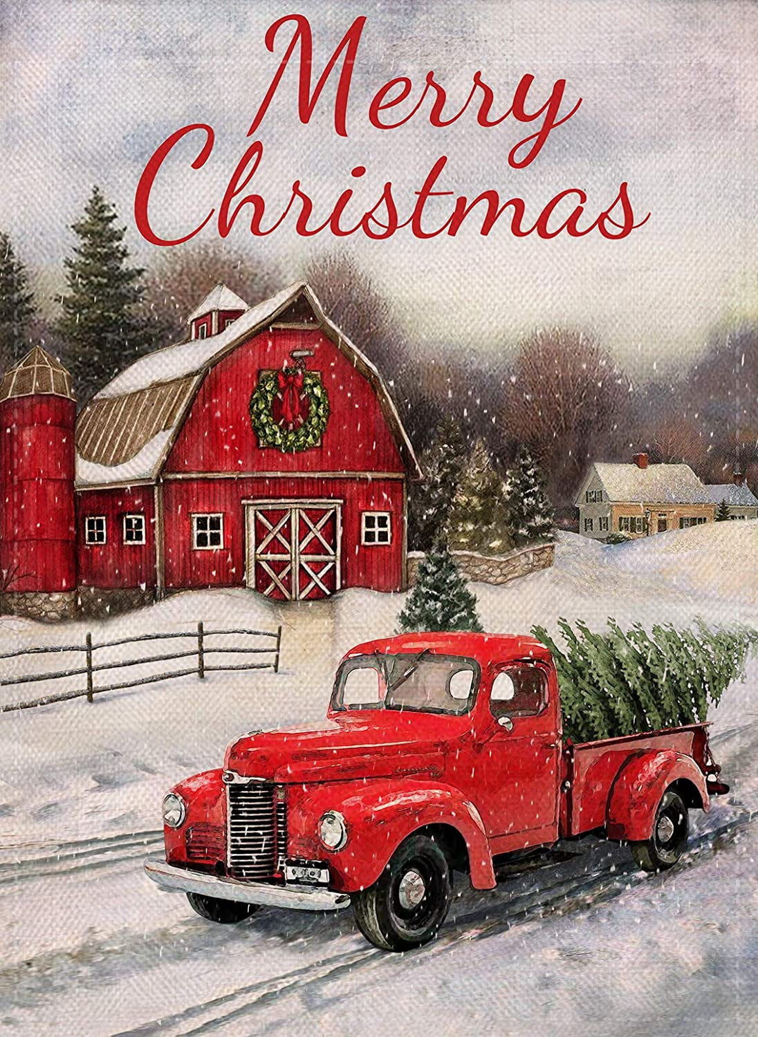 Home Decorative Merry Christmas Garden Flag Red Truck Double Sided, House Yard Flag Xmas Pickup, Outside Holiday Yard Decorations