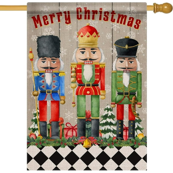 Home Decorative Merry Christmas Soldier House Flag, Xmas Pine Nutcracker Garden Yard Outside Decoration, Winter Farmhouse Outdoor Large Burlap Decor Double Sided 28 x 40