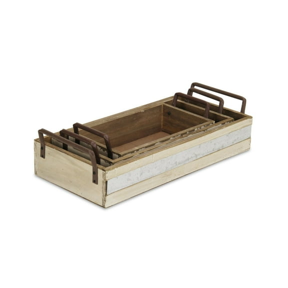 Home Decorative Modern Set Of 3 Long Rectangular Wood Crate With Side Metal Handles And Metal Panel On Side Of Crate