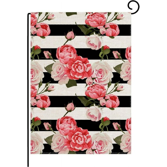 Home Decorative Outdoor Peony And Roses Garden Flag Burlap Double Sided, Primitive Garden Decorations, Black and White Stripes Flowered Seasonal Outdoor Flag 12.5 x 18 inch