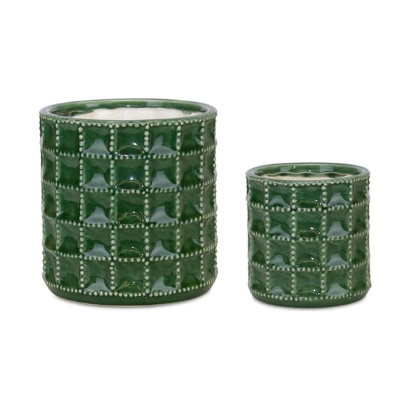 Melrose Set of 2 Green Geometric Glazed Pots 6.75"