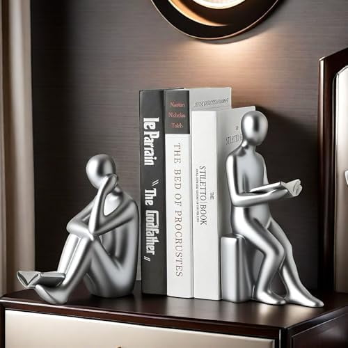 Home Decorative Reading Book Statue Bookends Elegant Resin Bookshelf Room Office Desk Decor,Paper Weights, Book Ends,Bookend Supports, Book Stoppers, Set of 2 (Silver)$$Home Decor, Kitchen, & Other