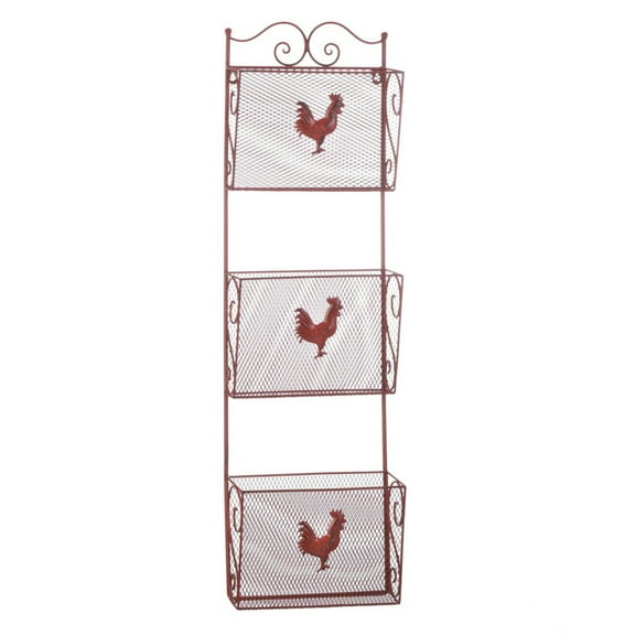 Home Decorative Red Rooster Triple Basket Metal Kitchen Organizer