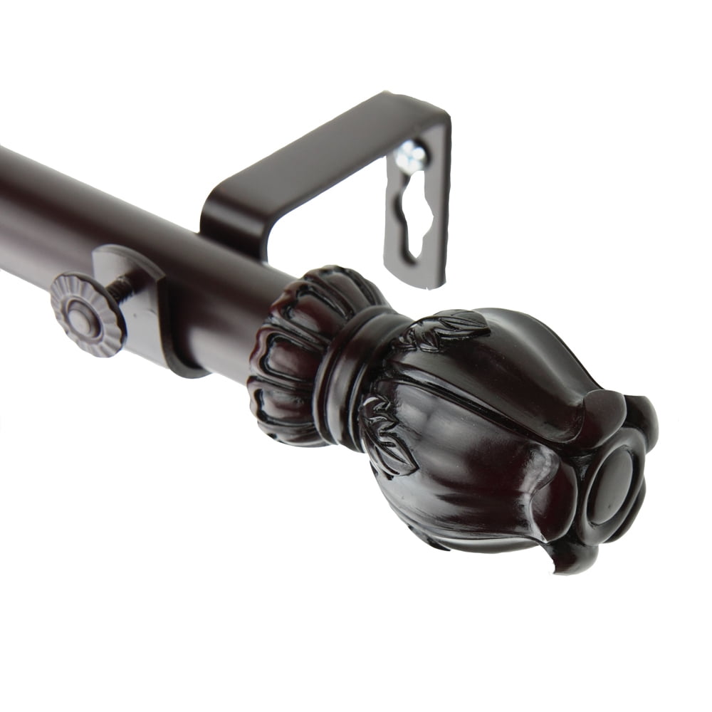 Mahogany Brass Adjustable Single Curtain Rod with Rosette Finials
