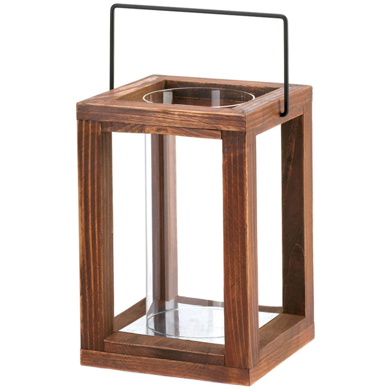 Rustic Brown Wood and Glass Hanging Candle Lantern