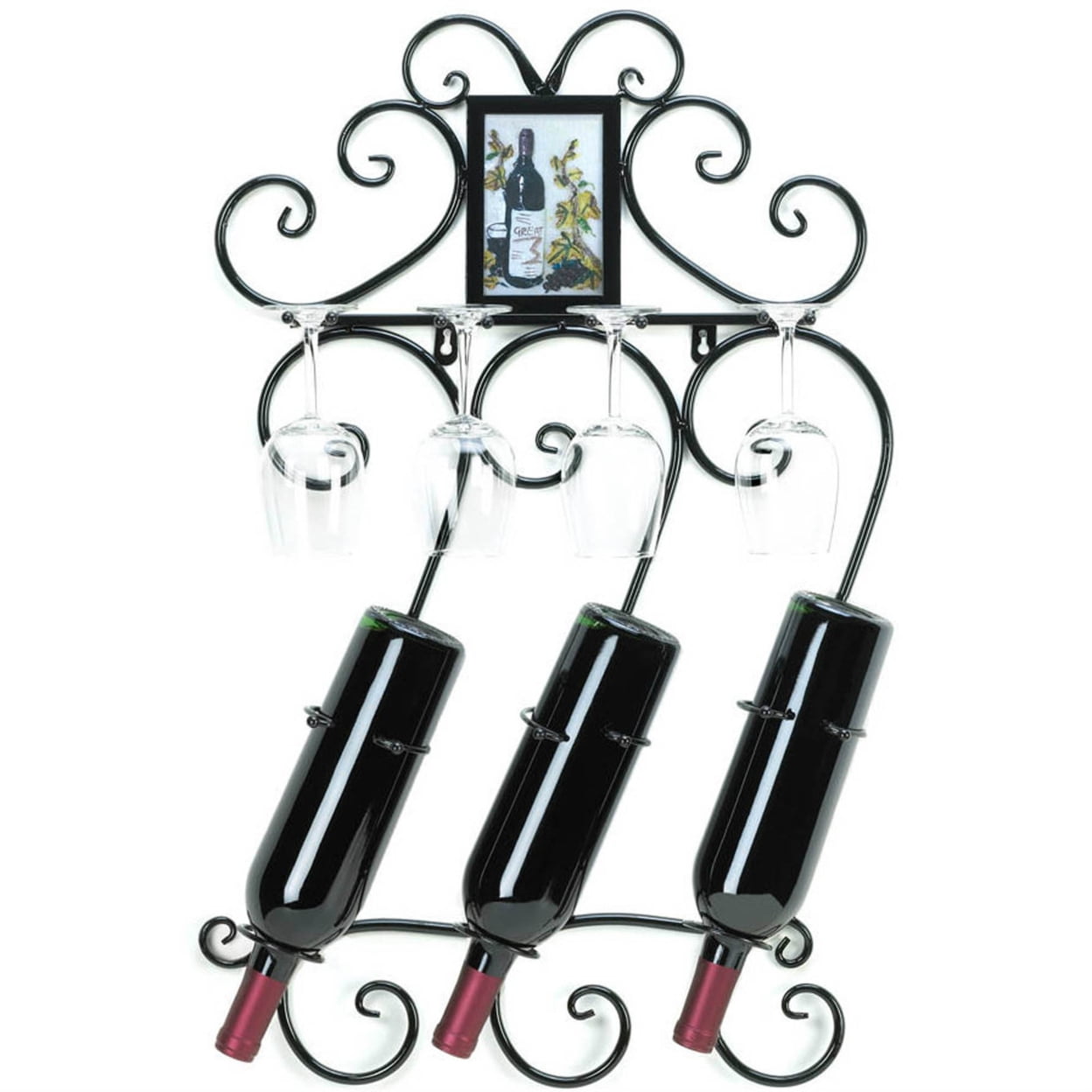 Scrolled Black Iron Wall-Mounted Wine Rack with Frame