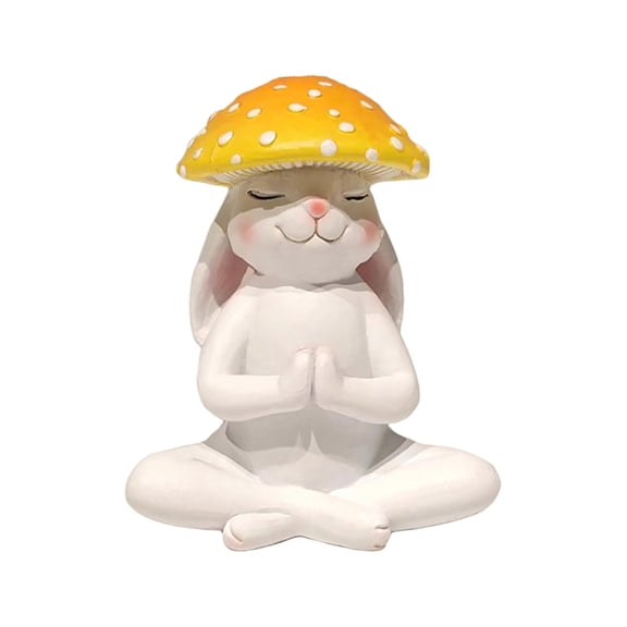 Home Decorative Sculpture For Meditation And Sitting, Adorable Rabbit Figurine With Mushroom Hat, Cute Yoga Pose Statue As Charming Desktop Decor For Home Office Bedroom,