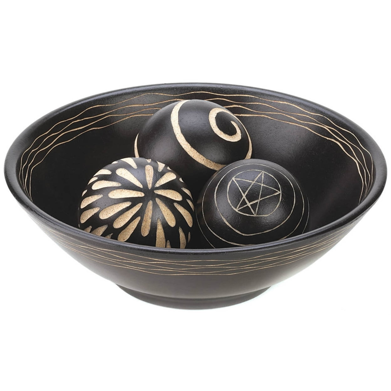 Handcrafted Black Wooden Bowl with Decorative Balls