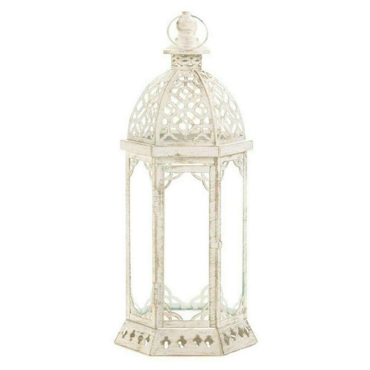 Distressed White Iron and Glass Hanging Lantern