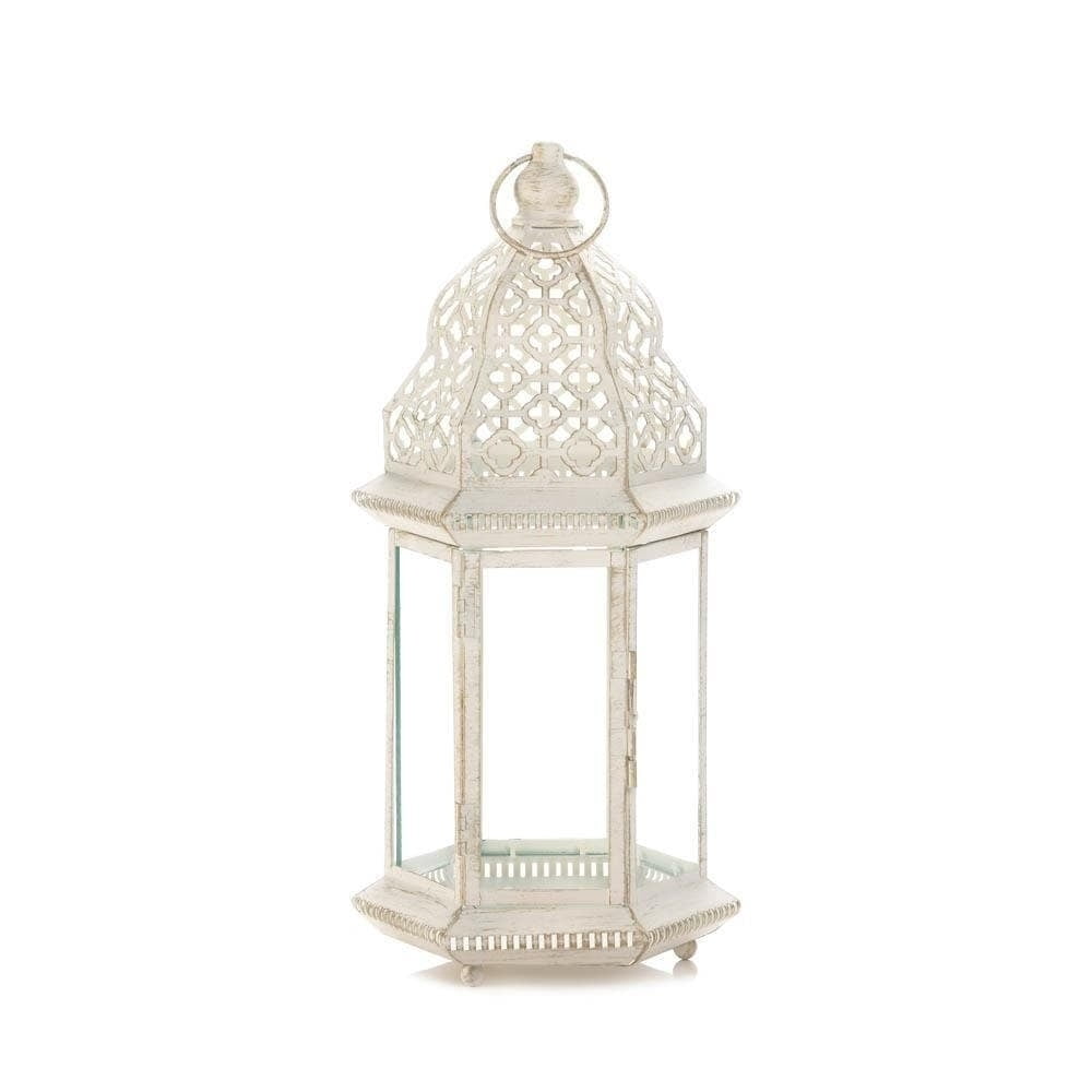 Vintage White Iron and Glass Hanging Candle Lantern