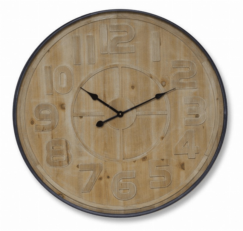 Oversized Natural Wood and Black Metal Wall Clock
