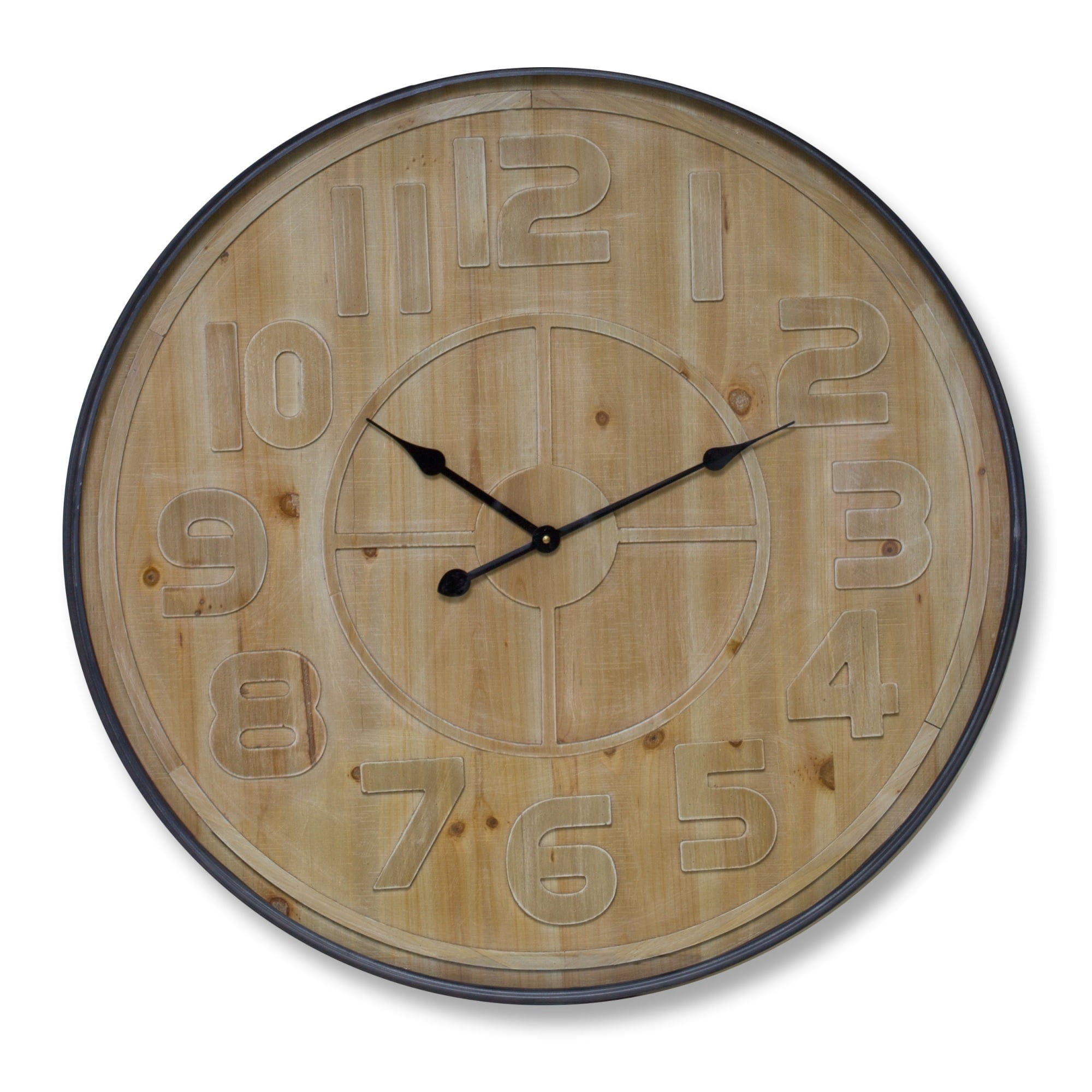 Oversized Natural Wood and Black Metal Wall Clock