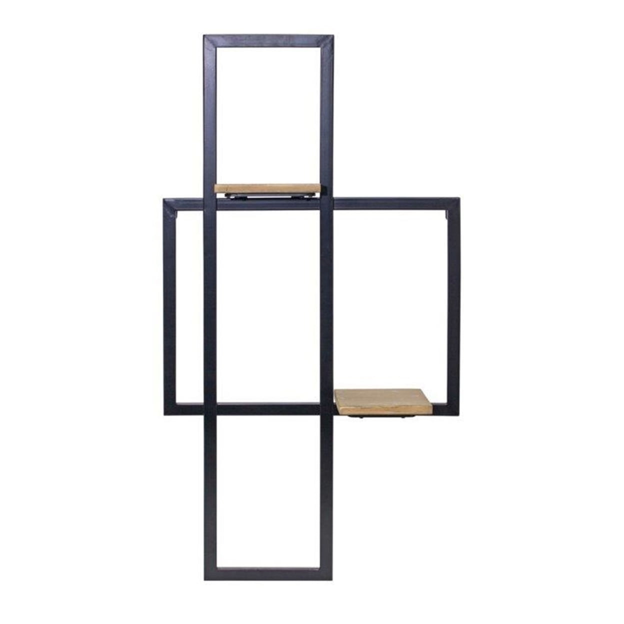 Black and Brown Geometric Iron and Wood Wall Shelf