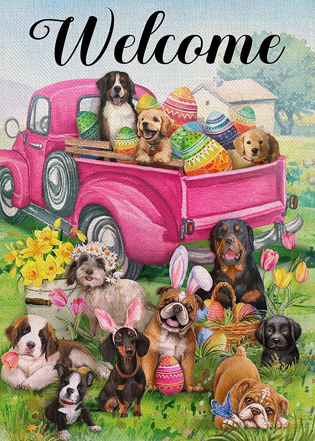 Home Decorative Easter Eggs Pink Truck Dog Garden Flag, Country