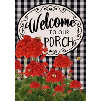 Home Decorative Welcome to Our Porch Geranium Spring Summer Garden Flag, Red Flower Black White Buffalo Plaid Check House Yard Outside Decoration Fall Autumn Farmhouse Outdoor Small Decor 12.5x18