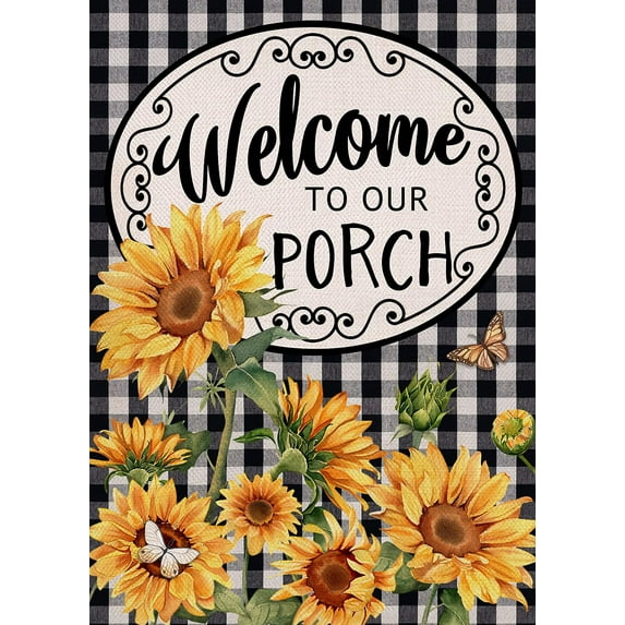 Home Decorative Welcome to Our Porch Spring Summer Sunflower Garden Flag, Black White Buffalo Plaid Check Yard Outside Decoration, Fall Autumn Farmhouse Outdoor Small Decor 12 x 18