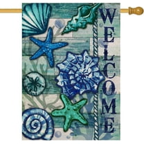 Home Decorative Welcome Summer Coastal House Flag, Nautical Beach Garden Yard Tropical Conch Starfish Shells Outside Decoration, Blue Ocean Sea Outdoor Large Decor Double Sided 28x40