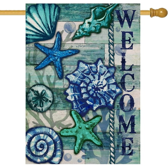 Home Decorative Welcome Summer Coastal House Flag, Nautical Beach Garden Yard Tropical Conch Starfish Shells Outside Decoration, Blue Ocean Sea Outdoor Large Decor Double Sided 28x40