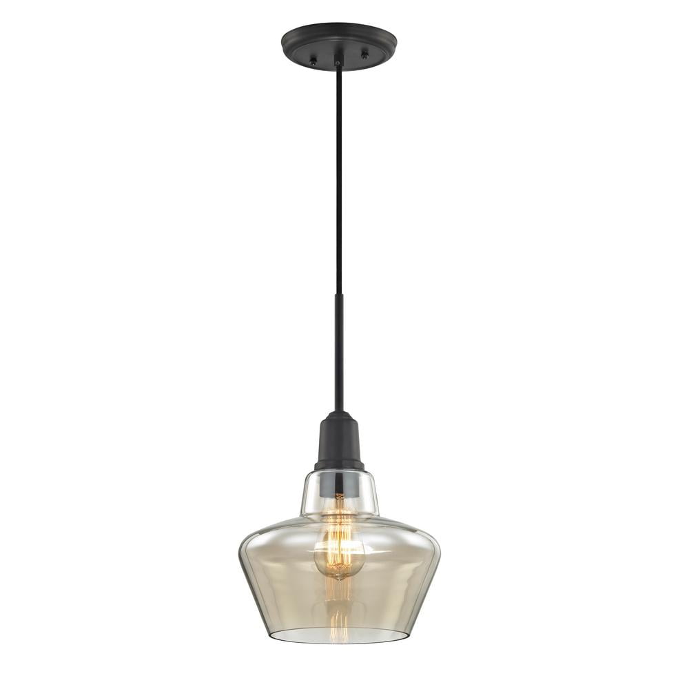Aged Bronze Pendant with Amber Glass Shade and Vintage Bulb