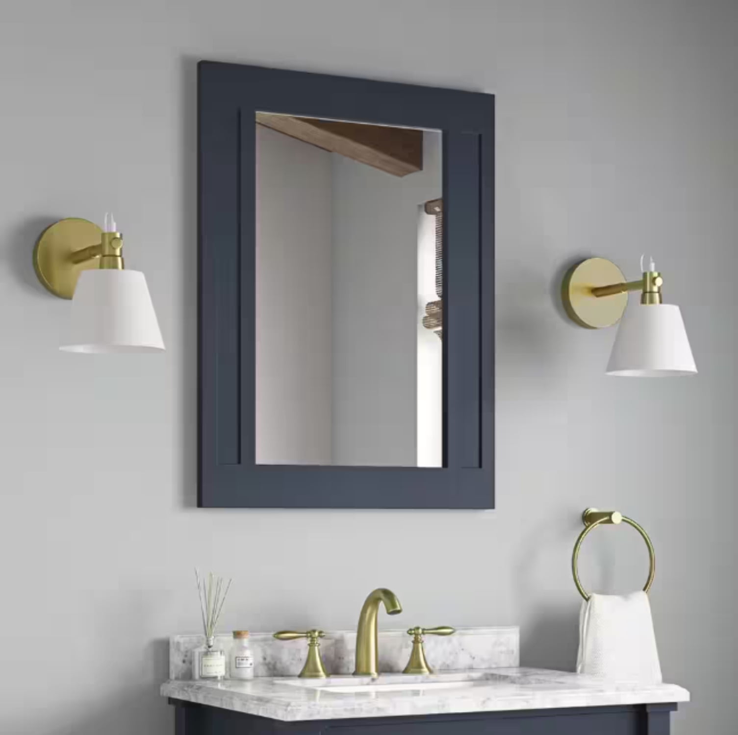 Midnight Blue Rectangular Wood Framed Bathroom Vanity Mirror
