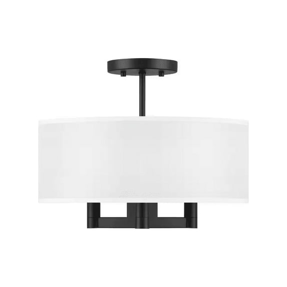 Home Decorators Collection Hiddenbrook 15 in. 3-Light Matte Black Semi-Flush Mount with White Fabric Shade
