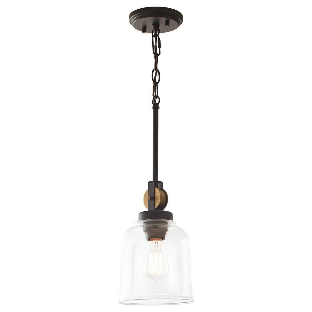 Knollwood 1-Light Blackened Bronze Mini Pendant Hanging Light With Vintage Brass Accents And Clear Glass Shade