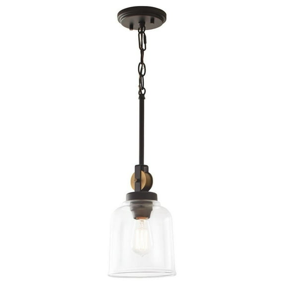 Knollwood 1-Light Blackened Bronze Mini Pendant Hanging Light With Vintage Brass Accents And Clear Glass Shade