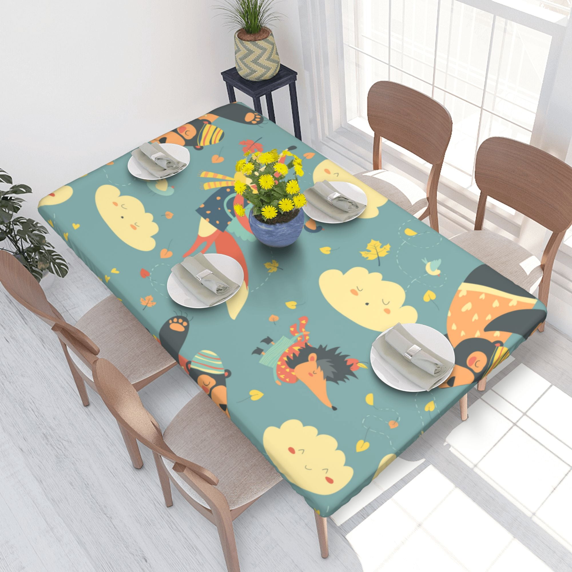Home Deluxe Tablecloth Cartoon Animals Fox And Bear Waterproof Elastic ...