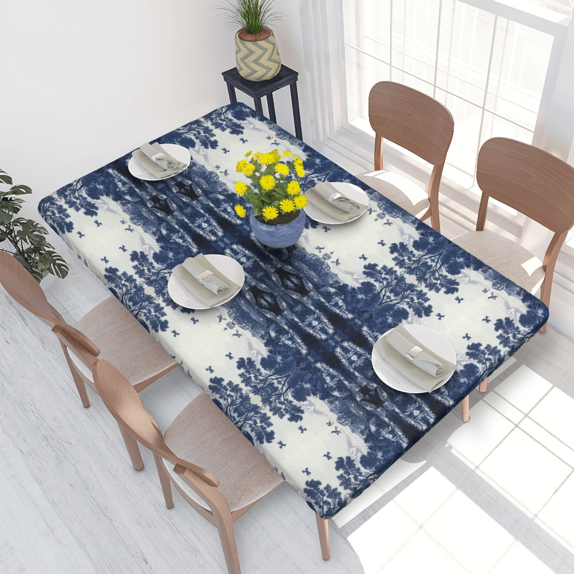 Home Deluxe Tablecloth Delft Blue Ceramic Tile Inspired Pattern Waterproof Elastic Rim Edged