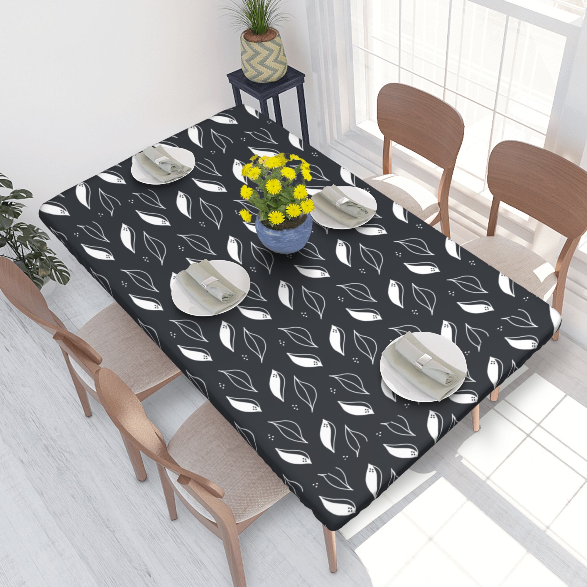 Home Deluxe Tablecloth Ethnic Boho Pattern White Waterproof Elastic Rim